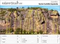 Croquis Cuchillo Izq.: Reseña de escalada de la zona izquierda de la pared principal de la escuela Cuchillo Escalada en Cuchillo - Croquis Cuchillo Izq.: Reseña de escalada de la zona izquierda de la pared principal de la escuela Cuchillo