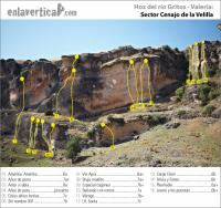 Escalada en Valeria - Hoz del r�o Gritos - Croquis Cenajo de la Velilla: Rese�a del sector Cenajo de la Velilla. Zona de escalada cercana a Valeria