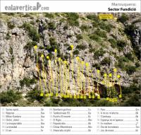 Croquis sector Fundició: Reseña del sector Fundició de la Marxuquera. Vías de placa y desplome de unos 20m. Escalada en La Marxuquera - Croquis sector Fundició: Reseña del sector Fundició de la Marxuquera. Vías de placa y desplome de unos 20m.