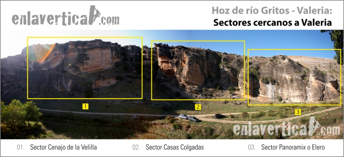 Sectores cercanos a Valeria - Los tres primeros sectores que nos encontraremos en la zona cercana a Valeria.
En el Km 14 de la carretera CM-2100 ente Valeria y Las Valeras, tomaremos un camino de tierra que nos introduce en la Hoz del río Gritos. Continuaremos el camino hasta pasada la primera chopera. Dejaremos el coche a pie de vía...